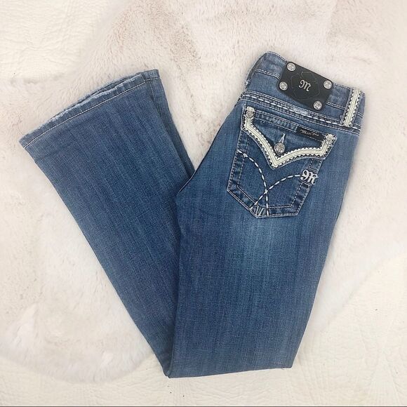 Miss Me Blue White Leather Pocket Boot Cut Jeans Sz 27 - Picture 2 of 6